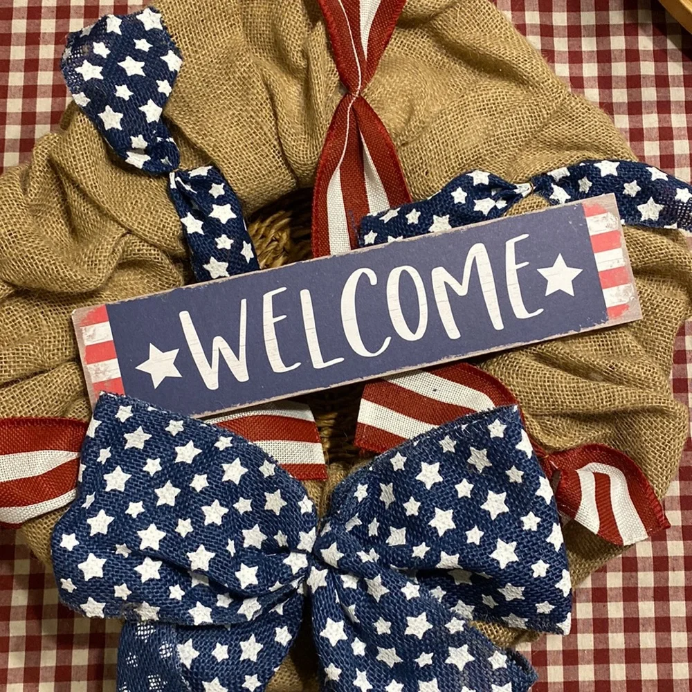 NWT 18” USA Burlap welcome Front door Wreath Americana country rustic primitive